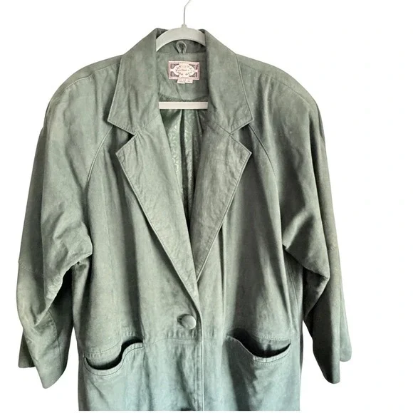 VTG Paris Sport Club Forest Green Suede Duster Coat M Oversized 80s 90s Korea - Picture 4 of 16